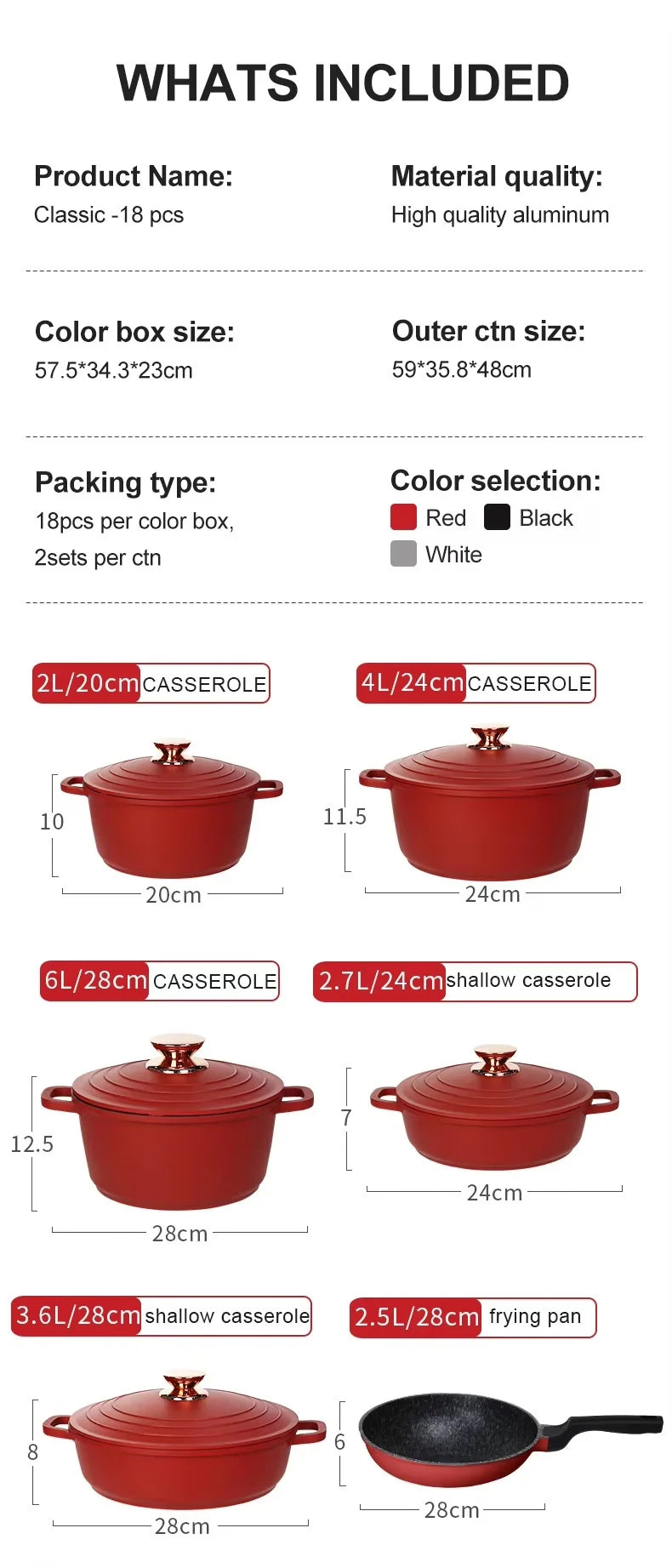 18PSC Set di pentole per la cucina domestica Padella antiaderente e pentola in alluminio di granito con coperchio Pentola in smalto pressofuso Materiale metallico per riso medico