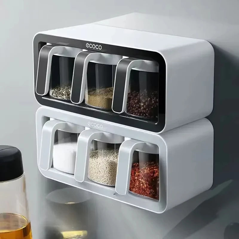 Scaffale per spezie da 3 bottiglie Montaggio a parete Scaffale per cucina Scatola per condimenti Contenitore per sale e zucchero Organizzatore Barattolo Porta spezie Portaoggetti da cucina