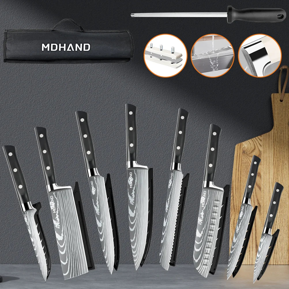 MDHAND Messerset, 8-teilig, scharfes japanisches Kochmesser, Hackbeil, Mehrzweckmesser für Brot und Scheiben, ABS-Griff mit Nylontasche