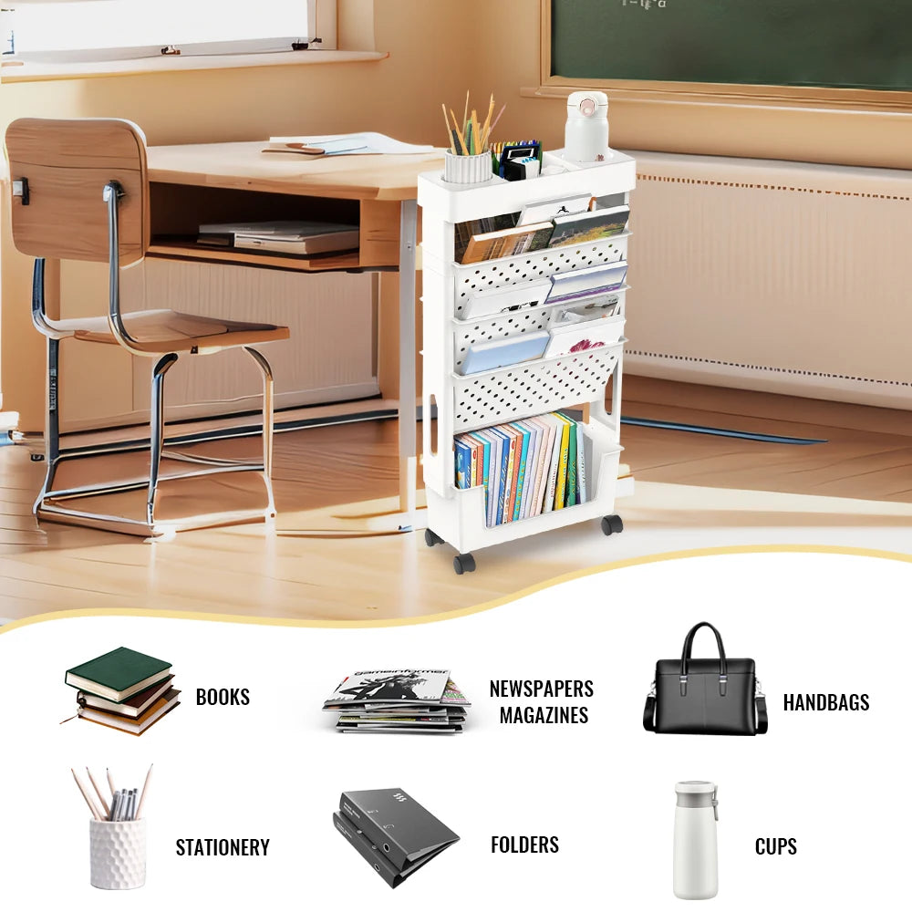 Mobile Bücherablage mit feststellbaren Rollen – Robuster Bücherregalwagen, herausnehmbarer Organizer mit Becherhalter für Zuhause und Büro