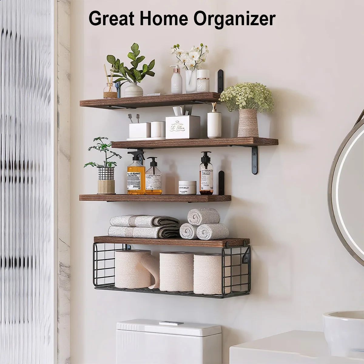 Mensole da Bagno Sopra il WC con Cesto Portaoggetti, Mensola Galleggiante a Muro per Organizzazione Domestica e Decorazione, Bagno/Cucina