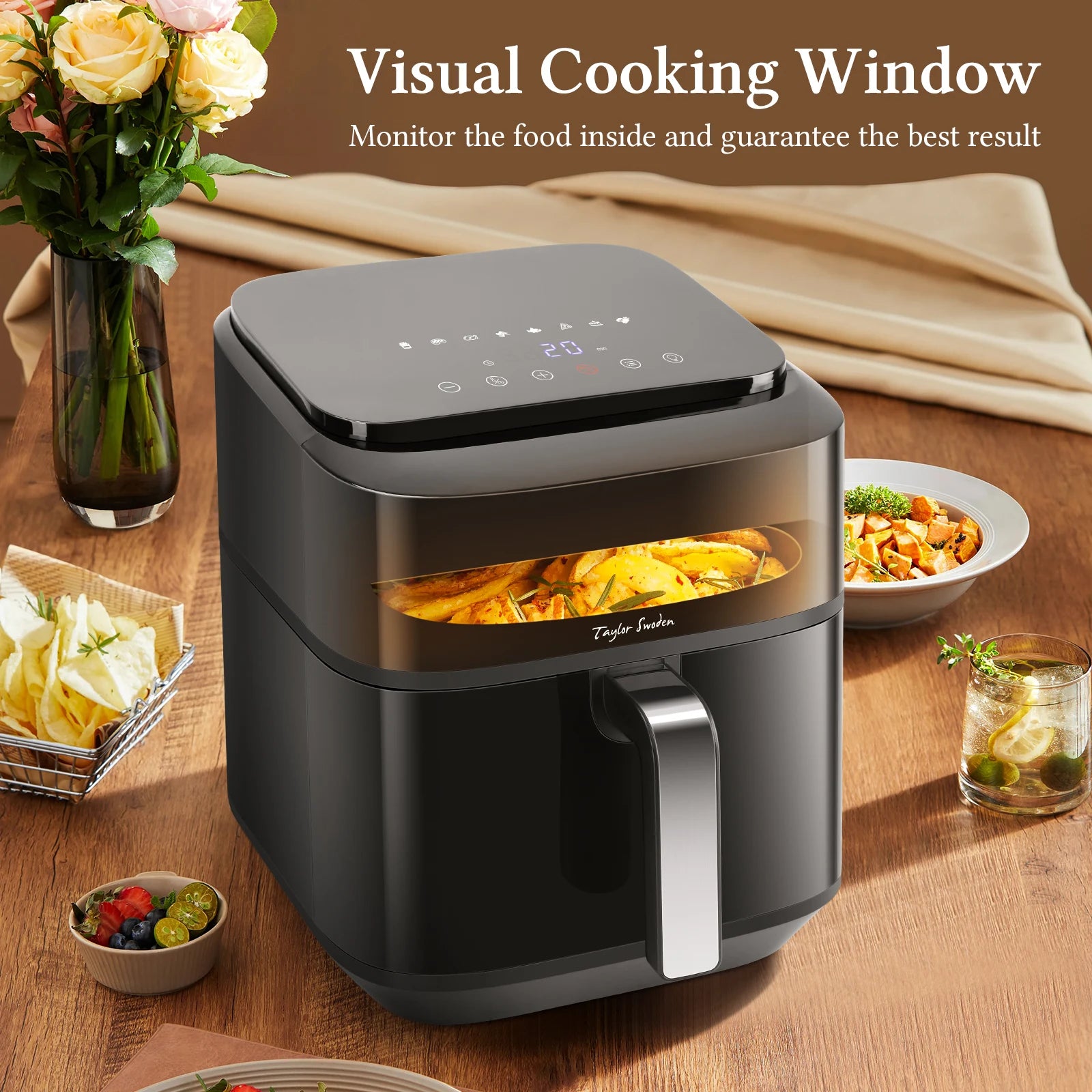 Friggitrice ad aria 6,5 L XXL doppia resistenza 8 funzioni finestra visualizzazione griglia antiaderente Taylor Swoden nera
