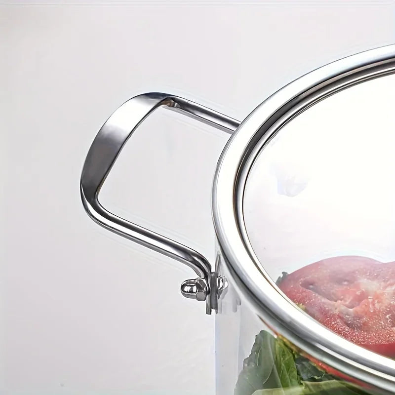 5,5 Liter Glas Topf mit Deckel, Glas Herd, Großvolumiger Suppentopf, Borosilikatglas Auflaufform mit Zweiohr-Suppentopf, Edelstahl