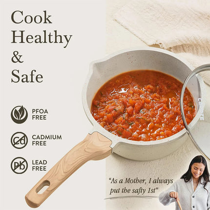 DONNOR Pentolino 2.5Qt con Coperchio Pentola in Granito Antiaderente per Tutti i Tipi di Piani Cottura, Pentolino per Salsa, Zuppa, Latte con Beccucci per Versare JT281