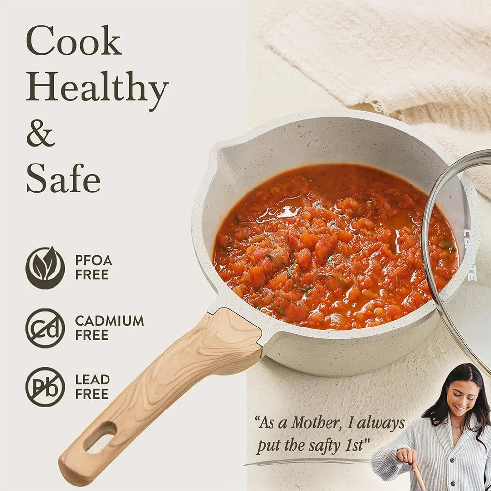 DONNOR 2.5Qt Pentola per Salsa con Coperchio Pentola in Granito Antiaderente per Tutti i Stufa Salsa Pentola per Zuppa Padella per Latte con Beccucci per Versare JT281