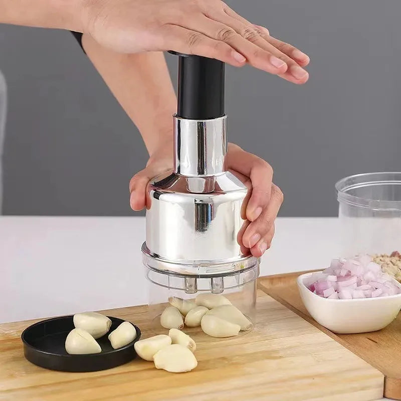 Neuer Knoblauch- und Zwiebelhacker aus Edelstahl, multifunktionales manuelles Küchengerät für die schnelle Zubereitung von Speisen