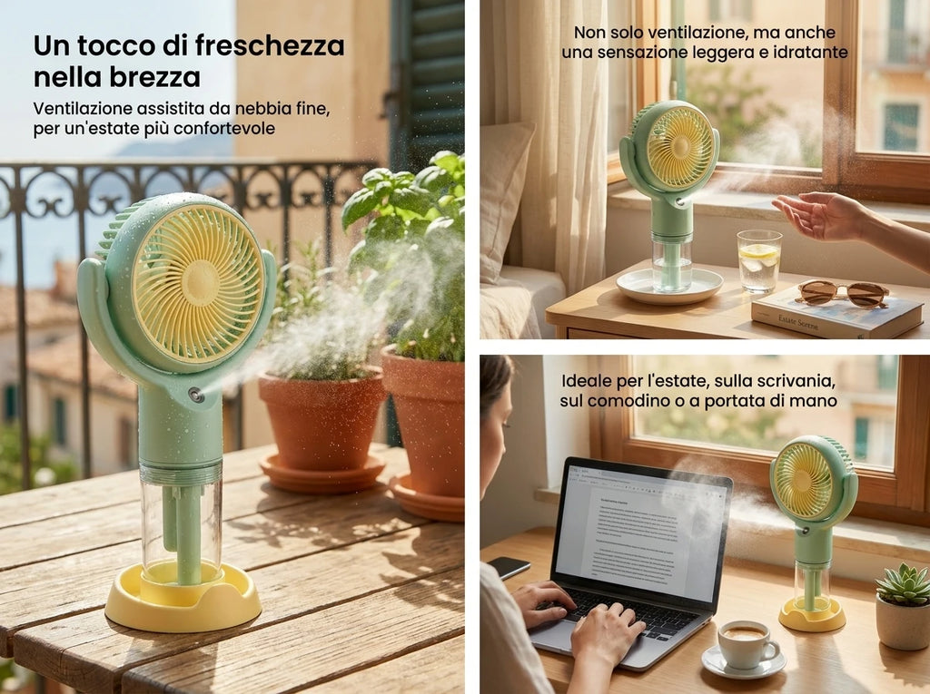 Ventilatore portatile a spruzzo, potente mini ventilatore da tavolo USB, flusso d'aria a 3 velocità, perfetto per casa, ufficio, camera da letto e viaggi all'aperto.