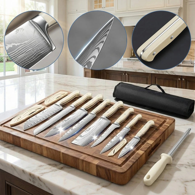 ZENG 8-Piece Carbon Steel Knife Set, White Ergonomic Curved Handle, Dishwasher Safe, Multipurpose for Kitchen and Gifting