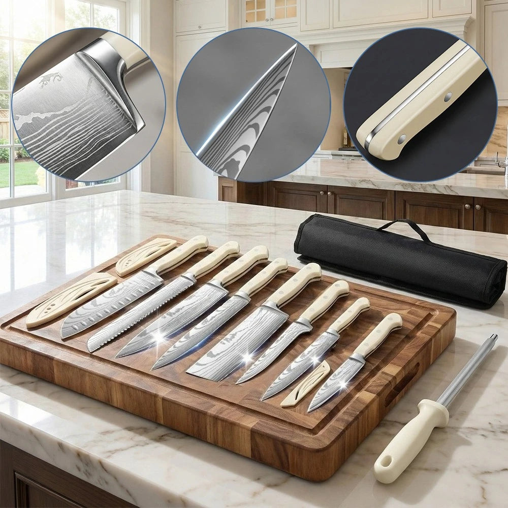 ZENG 8-teiliges Karbonstahl-Messerset, ergonomischer geschwungener weißer Griff, spülmaschinenfest, Mehrzweck-Set für Küche und Geschenke