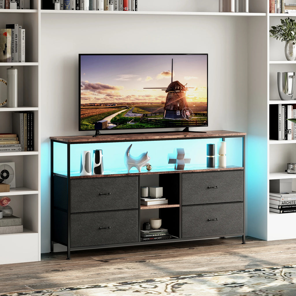 Mobiler TV-Ständer, TV-Tisch, TV-Möbel, mit LED-Beleuchtung und Stoffschubladen, Platte mit Tigerfellmuster, doppelter offener Stauraum und 4 Schubladen, zur Aufbewahrung von Elektrogeräten, DVDs, Büchern, für Wohnzimmer, Schlafzimmer