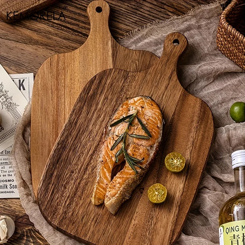 Holzschneidebrett mit Griff für Fisch, Käse, Brot, Dessert, Obst und Gemüse – Langlebiges und elegantes Design und lebensmittelecht