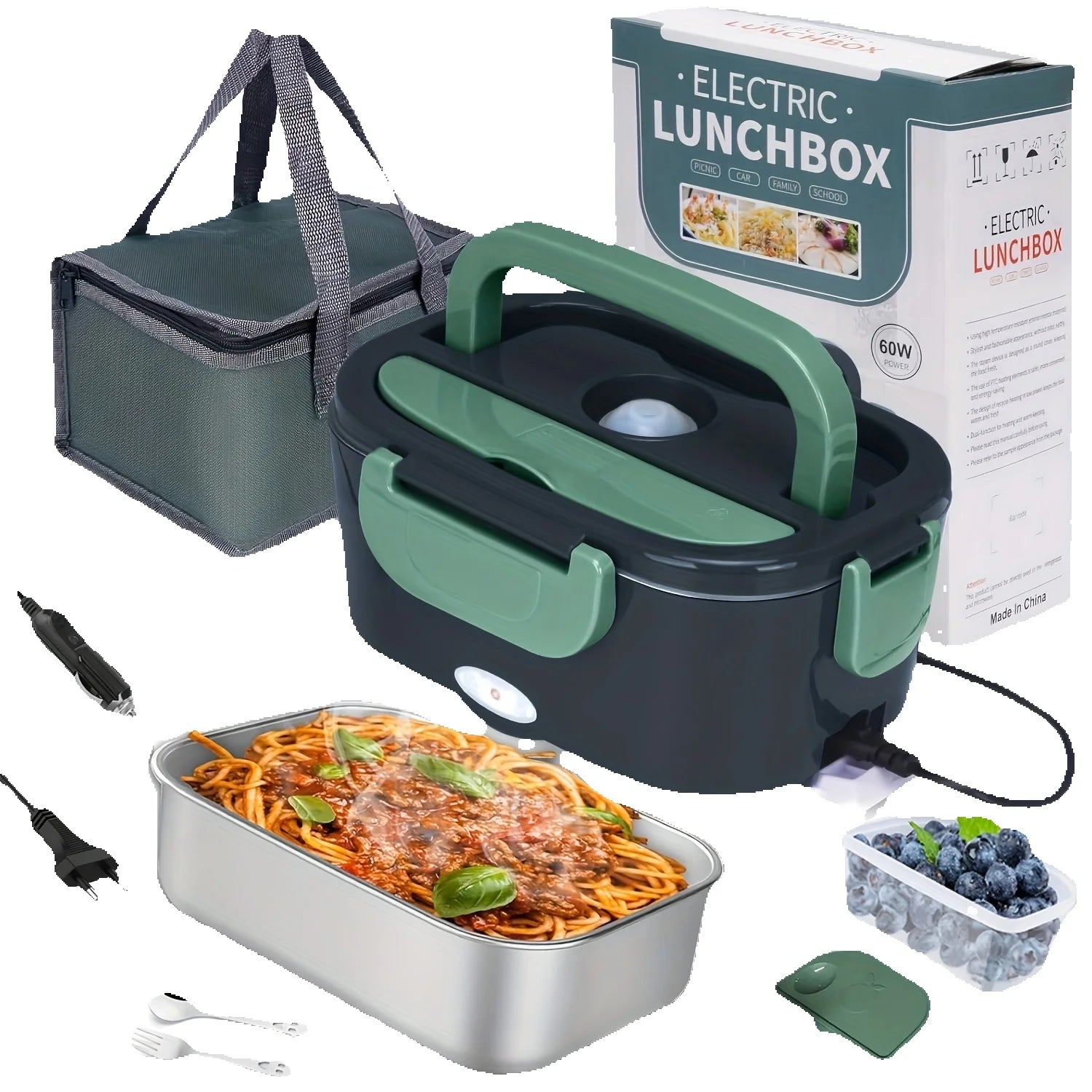 Elektrischer Speisewärmer 60W 1,5 L 4-in-1 für Auto (12 V/24 V/110V/220 V) für LKW, Camping und Arbeit