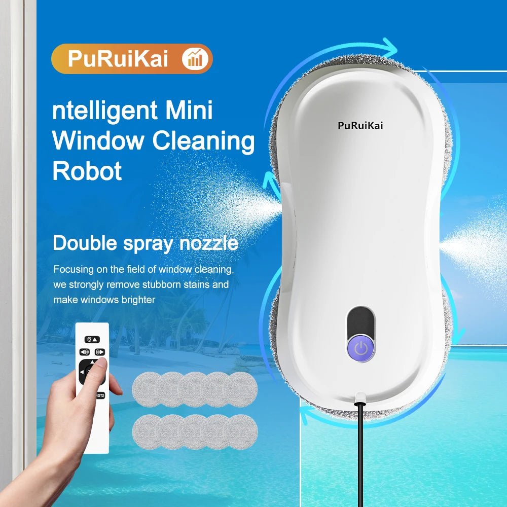 PuRuiKai Automatischer Fensterputzroboter mit Doppelspray, 5600Pa Saugleistung, Fernbedienung und Kanten-Erkennung für Zuhause