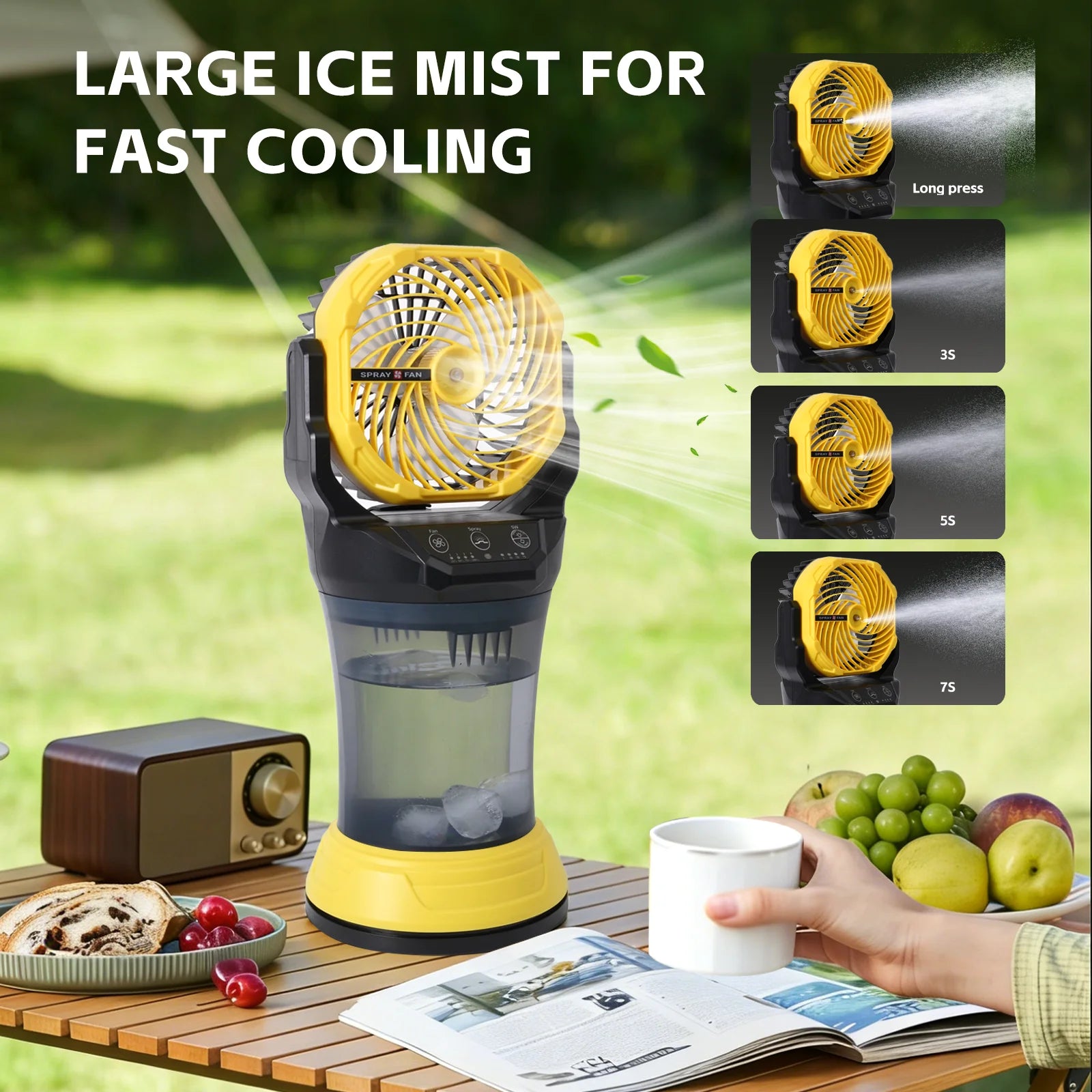 Ventilatore spray da esterno 2000ml 15000mAh, 4 velocità, nebulizzazione nano, luce RGB, 90° °   Oscillazione, Giallo
