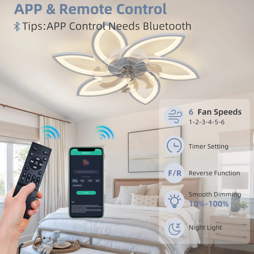 Ventilatore da Soffitto con Luce a Fiore Bianco, LED in Acrilico, 6 Velocità, Controllo Bluetooth