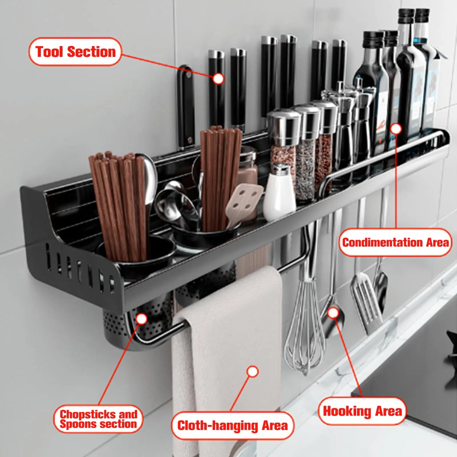 Supporto da parete per portaspezie sospeso, portavasi sospeso, portabottiglie salvaspazio con ganci, ripiano da cucina per utensili