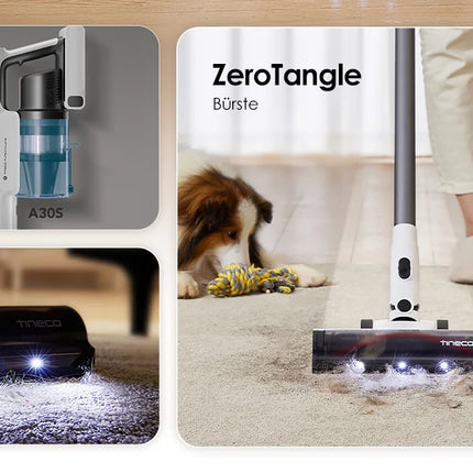 Tineco A30S, Cordless Vacuum Cleaner, 160W Suction, 60-Minute Run Time, 1L Dust Tank, ZeroTangle Brush, PureCyclone Technology, LED Light
