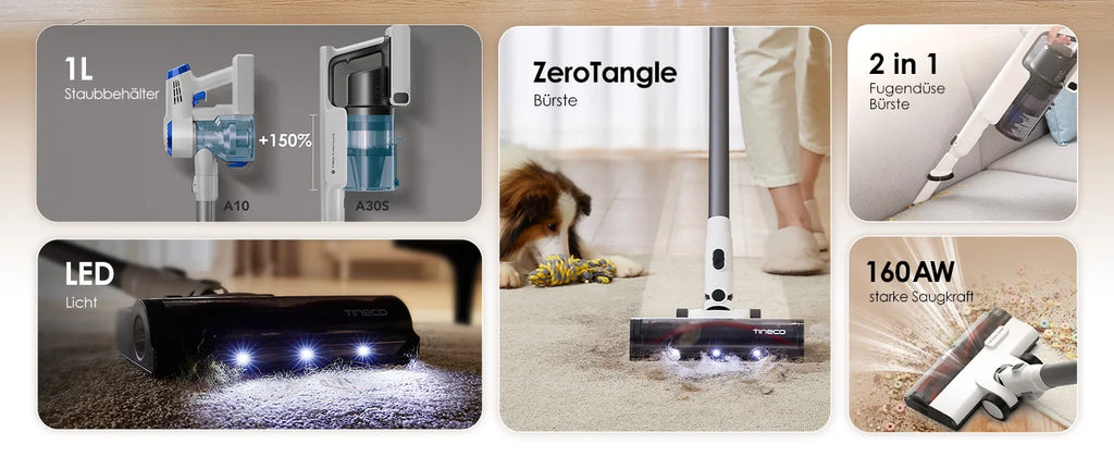 Tineco A30S, Kabelloser Staubsauger, 160 W Saugleistung, 60 Minuten Laufzeit, 1 l Staubbehälter, ZeroTangle-Bürste, PureCyclone-Technologie, LED-Licht