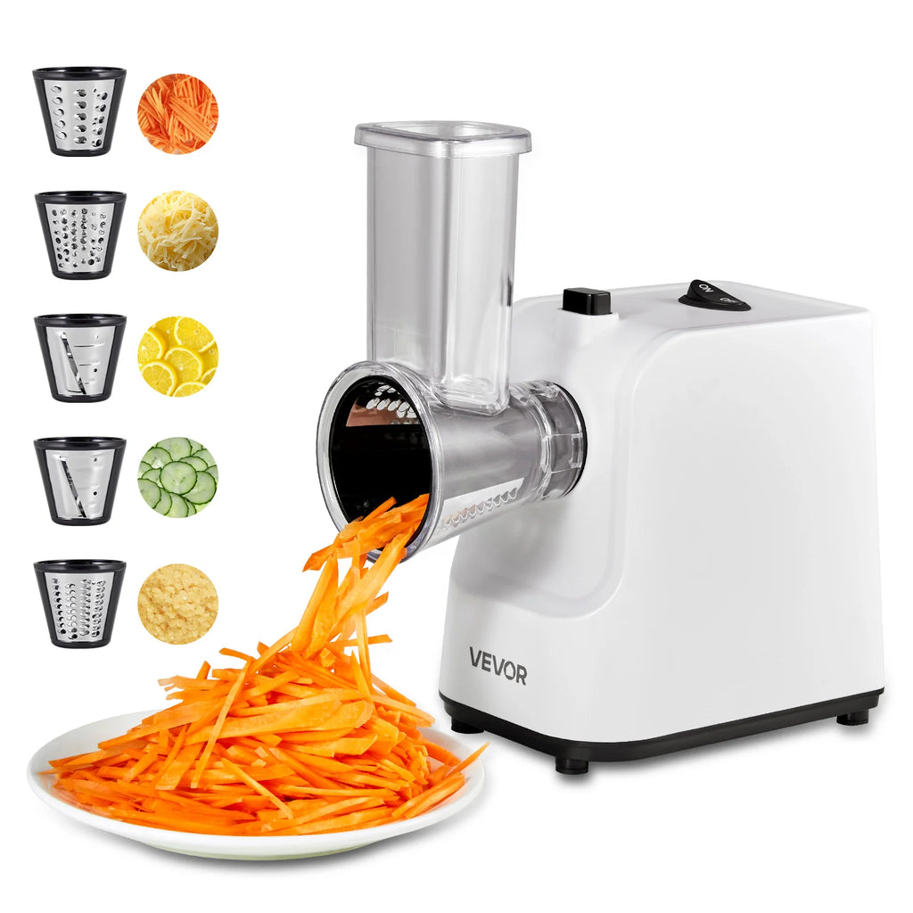 SucceBuy Elektrische Reibe für Käse und Salat 200W, Elektrischer Zerkleinerer für Gemüse und Obst mit 5 Aufsätzen