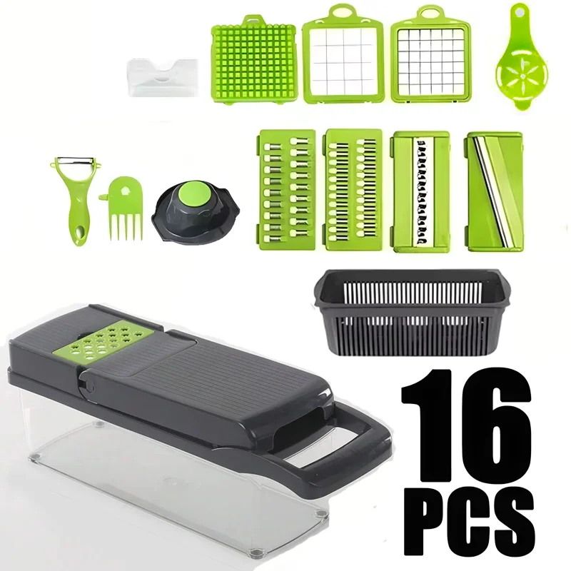 16-teiliges Gemüseschneider-Set, Gemüseschneider mit Griff, Lebensmittelreibe, Küchen-Schneidemaschine und -Zerkleinerer für Gemüse und Kartoffeln