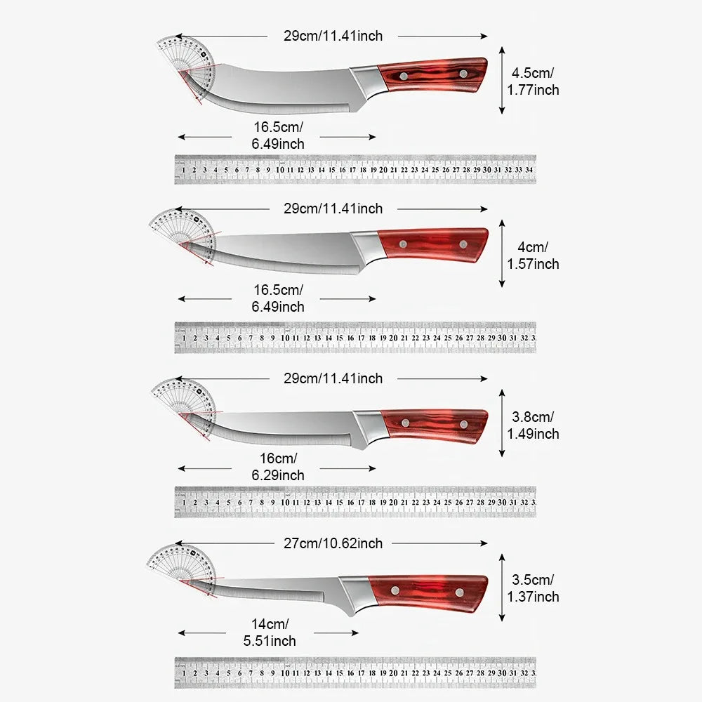 ZENG 4-teiliges Edelstahl-Fleischermesser-Set mit rotem Kunstholzgriff und Lederscheiden für die Küche
