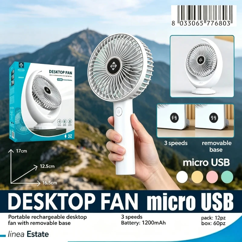 Ventilatore da tavolo portatile WETECH, ricaricabile tramite USB, funzionamento silenzioso a 3/5 velocità, mini ventilatore personale per casa, ufficio, esterno