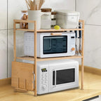 Mensola per microonde, supporto per microonde in bambù a 2 livelli con 4 ganci e supporto per tagliere, 37 cm * 52 cm * 67 cm