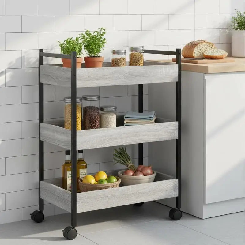 Carrello da Cucina a 3 Ripiani, Grigio Sonoma, 50x30x70 Cm, Materiale in Legno, Stile Nordico Minimalista, Struttura Solida e Stabile, Design con Scomparti, Salvaspazio, Facile Montaggio, Utilizzo in Cucina, Soggiorno, Camera