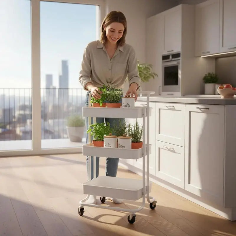 Carrello da cucina bianco a 3 livelli, 42x35x85 cm, materiale in ferro e ABS, stile moderno e semplice, telaio robusto anti-vibrazione, ampio spazio di archiviazione a strati, ruote universali scorrevoli, facile montaggio, sa
