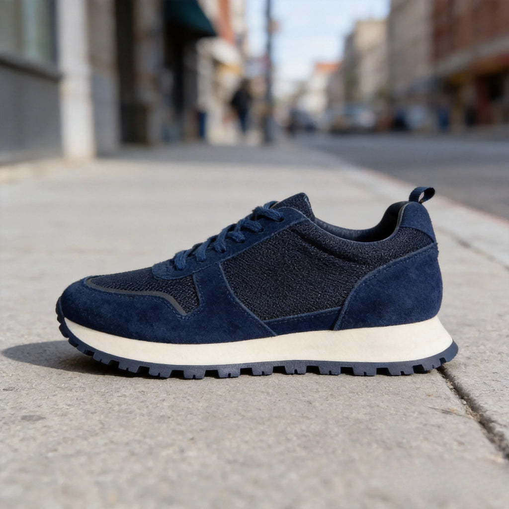 Herren-Freizeitschuhe aus Wildleder und Mesh, Navy-Blau, atmungsaktive Sneaker mit Schnürsenkeln, bequeme Schuhe mit dicker Sohle für den täglichen Gebrauch