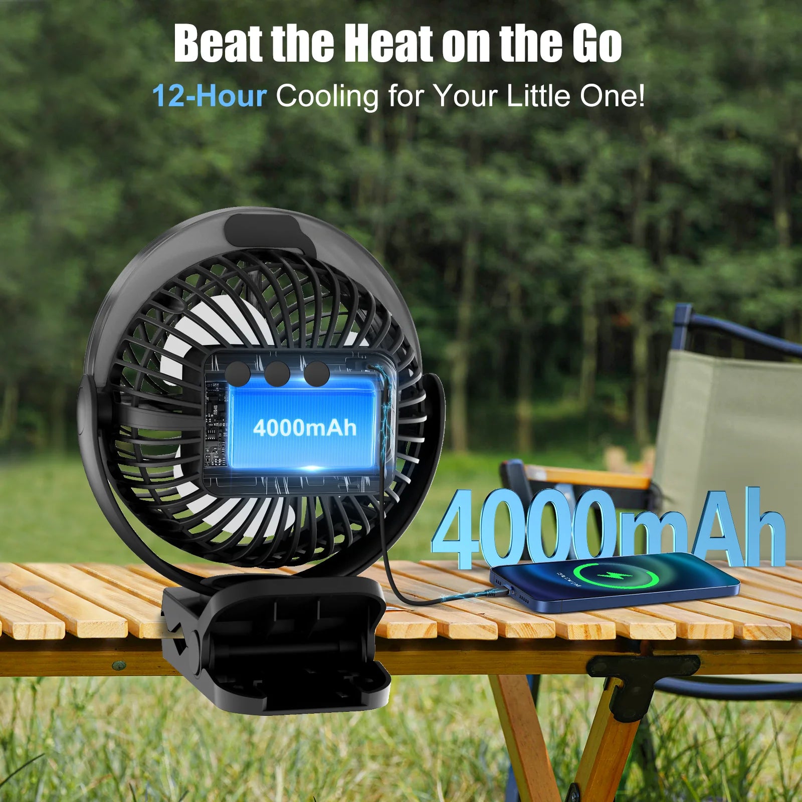 Ventilatore Portatile con Clip e Nebulizzatore, Ricaricabile, 3 Velocità, Display Digitale, Mini Umidificatore, Ventilatore da Scrivania Regolabile con 4000mA