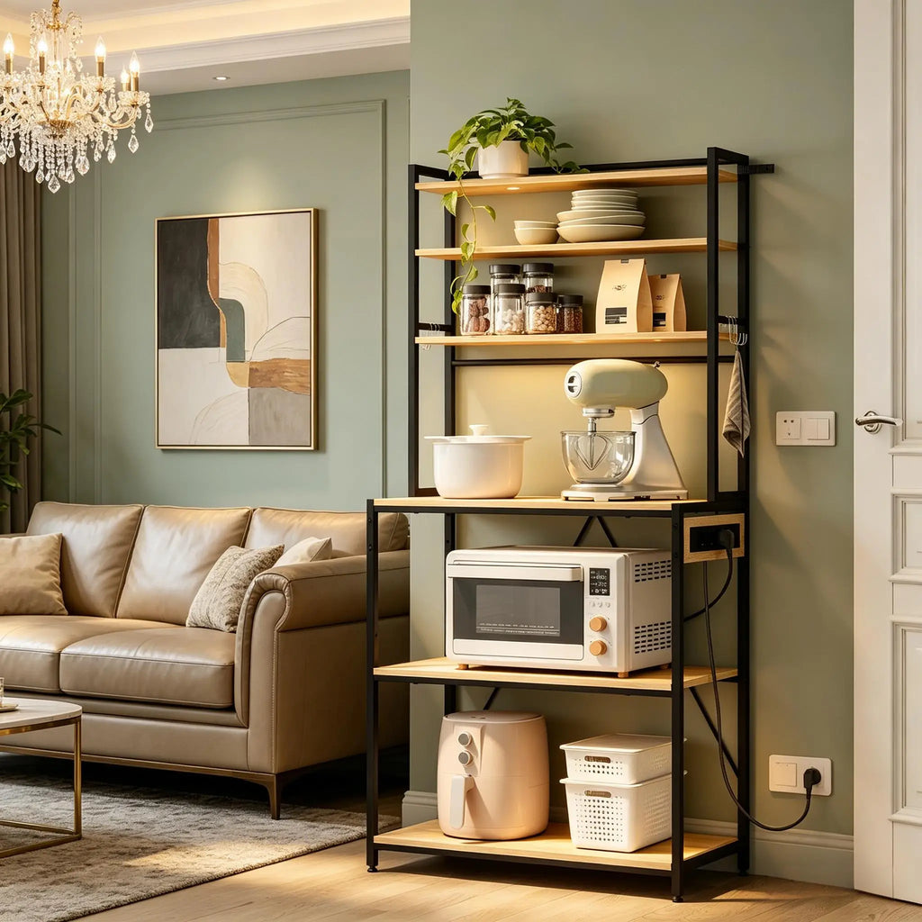Modernes Ausstellungsregal, Kaffeestation, Küchenregal mit Steckdosen, Küchenschrank – Mini-Arbeitsstation für Kaffee und Geräteorganisation