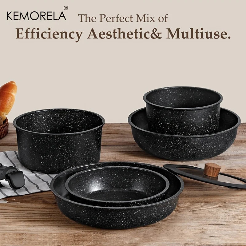 KEMORELA Set di Pentole Antiaderenti 20 Pezzi, Pentole e Padelle in Alluminio con Manici Staccabili, Compatibili con Induzione, Lavabili in Lavastoviglie e Adatte al Forno