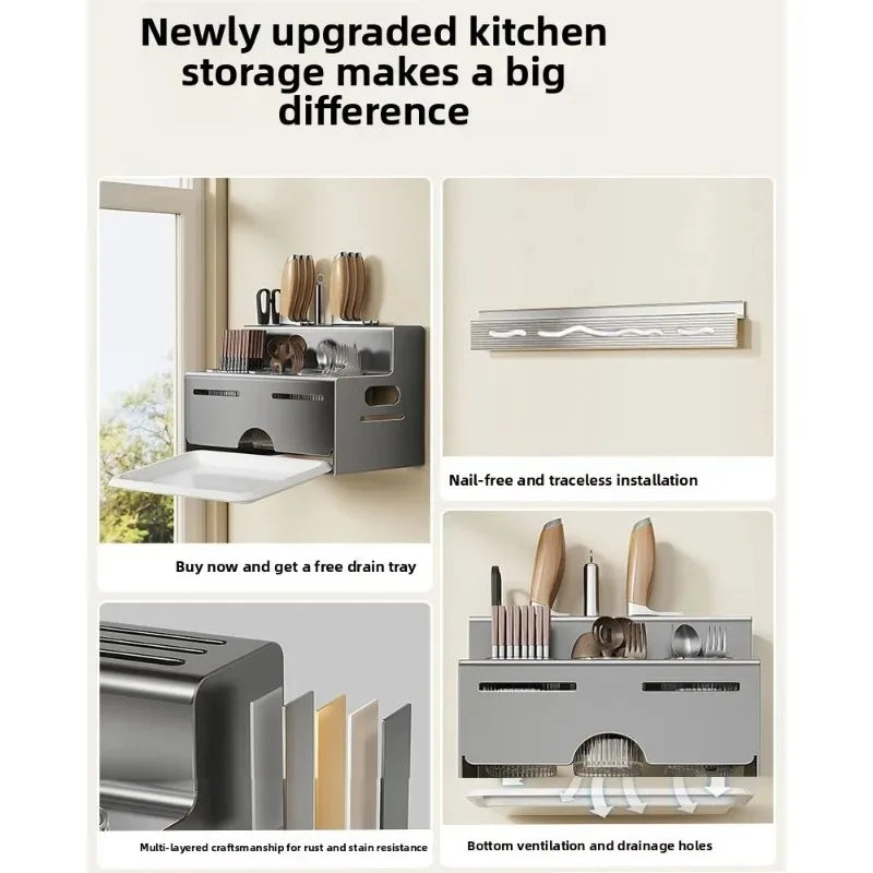 Porta Utensili da Cucina Multifunzionale con Porta Bacchette Integrato, Organizzatore da Parete Senza Foratura per Coltelli e Utensili