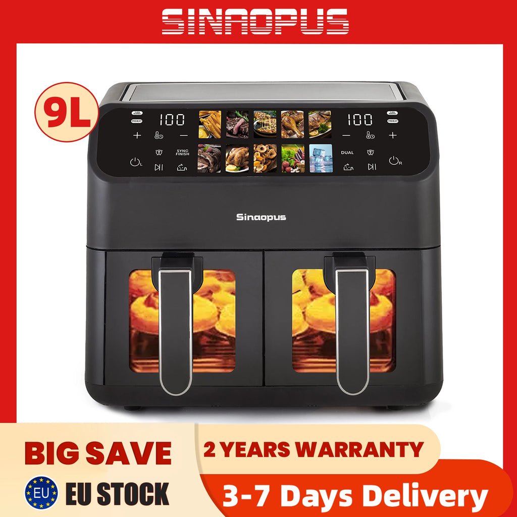 Sinaopus 2000W XXL 9L Doppelkorb-Heißluftfritteuse Multifunktions-Luftfritteuse mit LED-Touchscreen Timer Automatische Kochprogramme