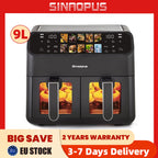 Sinaopus 2000W XXL 9L Doppelkorb-Heißluftfritteuse Multifunktions-Luftfritteuse mit LED-Touchscreen Timer Automatische Kochprogramme