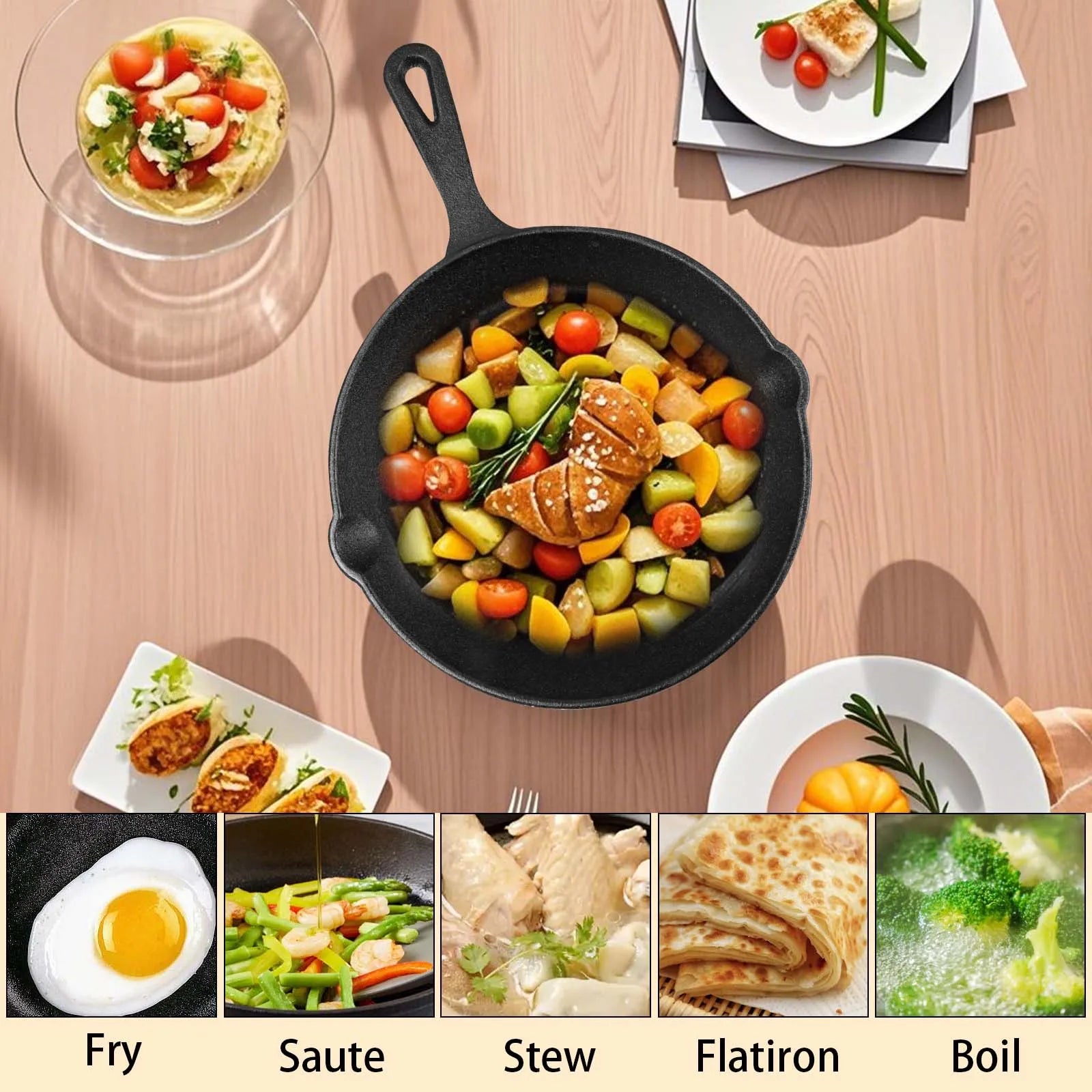 Set di pentole in ghisa, 4 padelle antiaderenti non rivestite con manici, da 14/16/20/26 cm, per friggere, cuocere al forno, arrostire e bollire a caldo.
