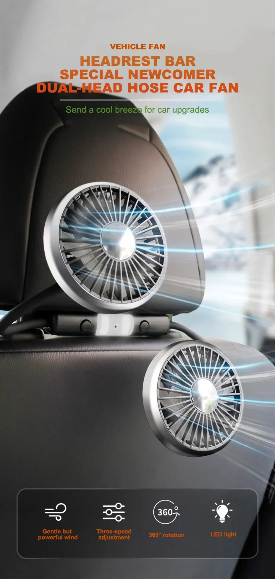 Ventilatore portatile USB a doppia testa regolabile con interruttore indipendente, 3 velocità 360° °   Ventilatore da Poggiatesta per Auto, per Casa e Sedile Posteriore