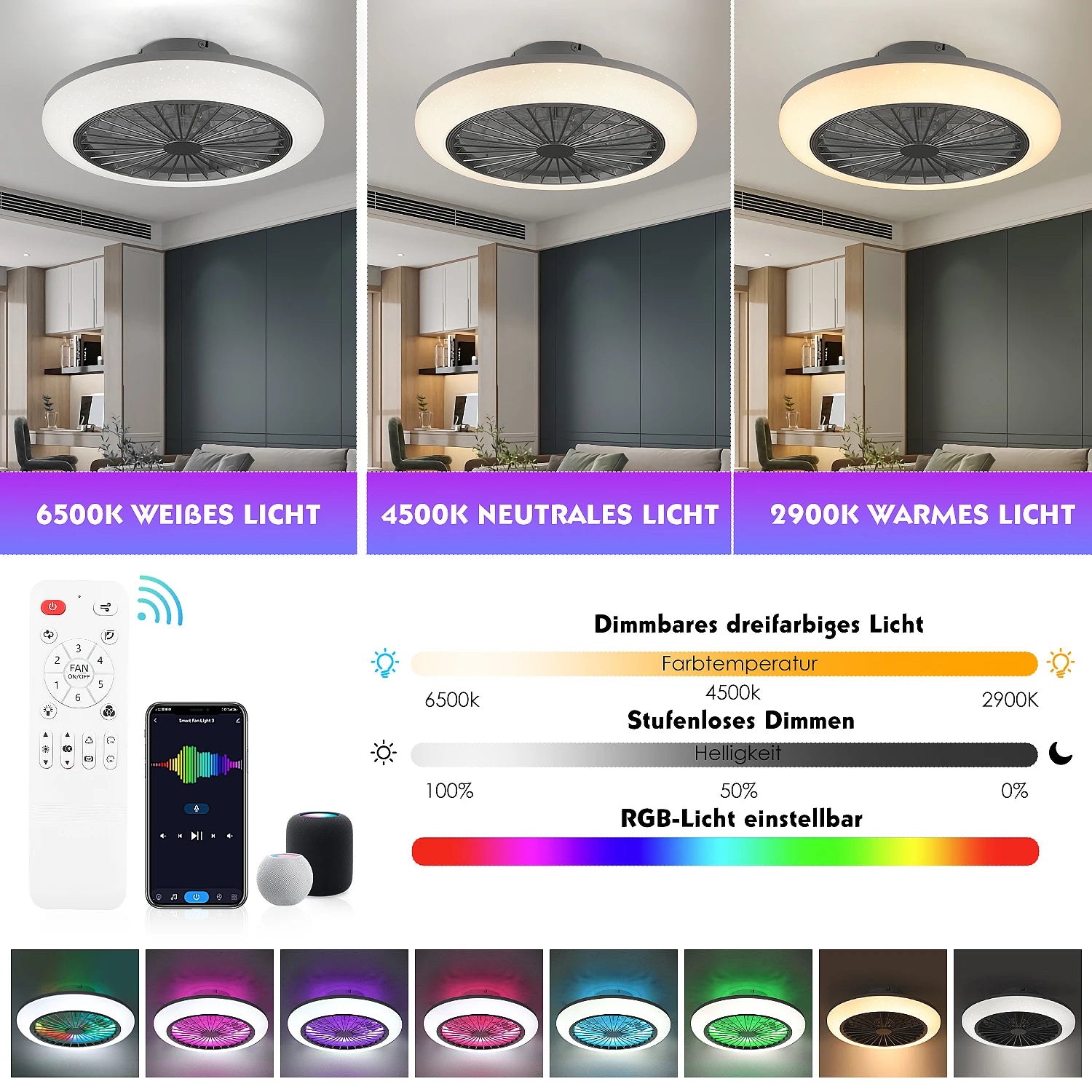 Ventilatore da soffitto Oyajia 50W con luce LED RGB dimmerabile e telecomando