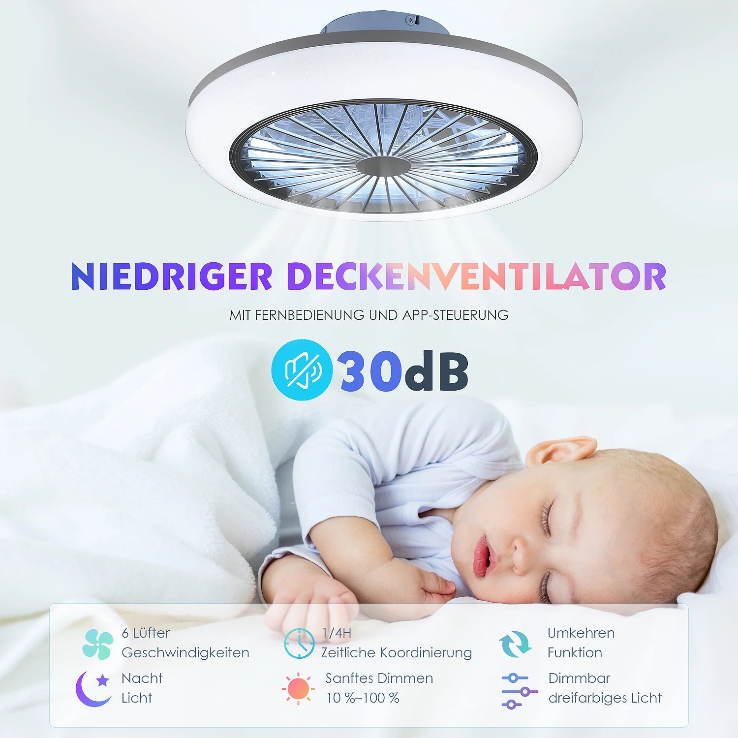 Ventilatore da soffitto Oyajia 50W con luce LED RGB dimmerabile e telecomando