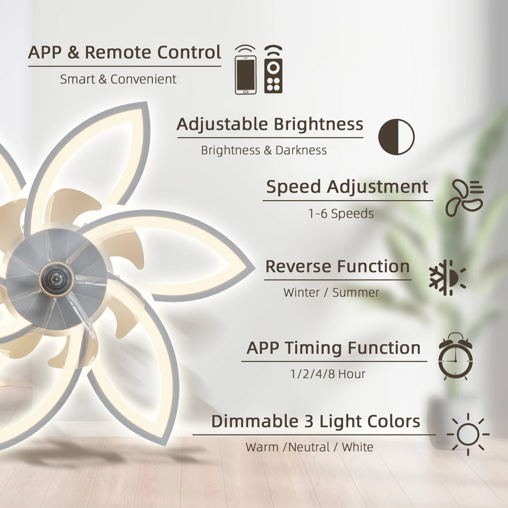 Ventilatore da Soffitto con Luce a Fiore Bianco, LED in Acrilico, 6 Velocità, Controllo Bluetooth