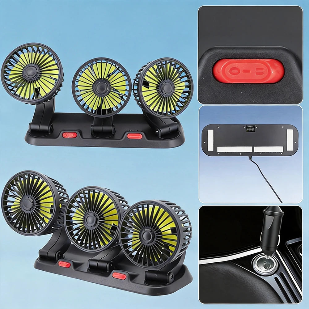 Ventilatore portatile per auto a 3 teste - 2 velocità regolabili, 360° °   Presa Accendisigari Girevole, Potente Flusso d'Aria per Veicoli, Camper e SUV