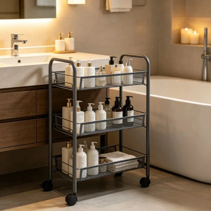 Grey 3-Tier Kitchen Trolley, 46x26x64 Cm, Iron Material, Sturdy and Thick Structure, Layered Organization, Flexible Universal Wheels, Rustproof and Wear-Resistant, Easy Installation, Organizer