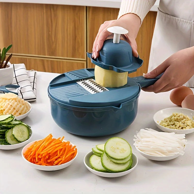 9-in-1 Multifunktionaler Gemüseschneider, manueller Zerkleinerer und Hobel für Karotten und Kartoffeln, Radieschen-Häcksler, Küchengerät