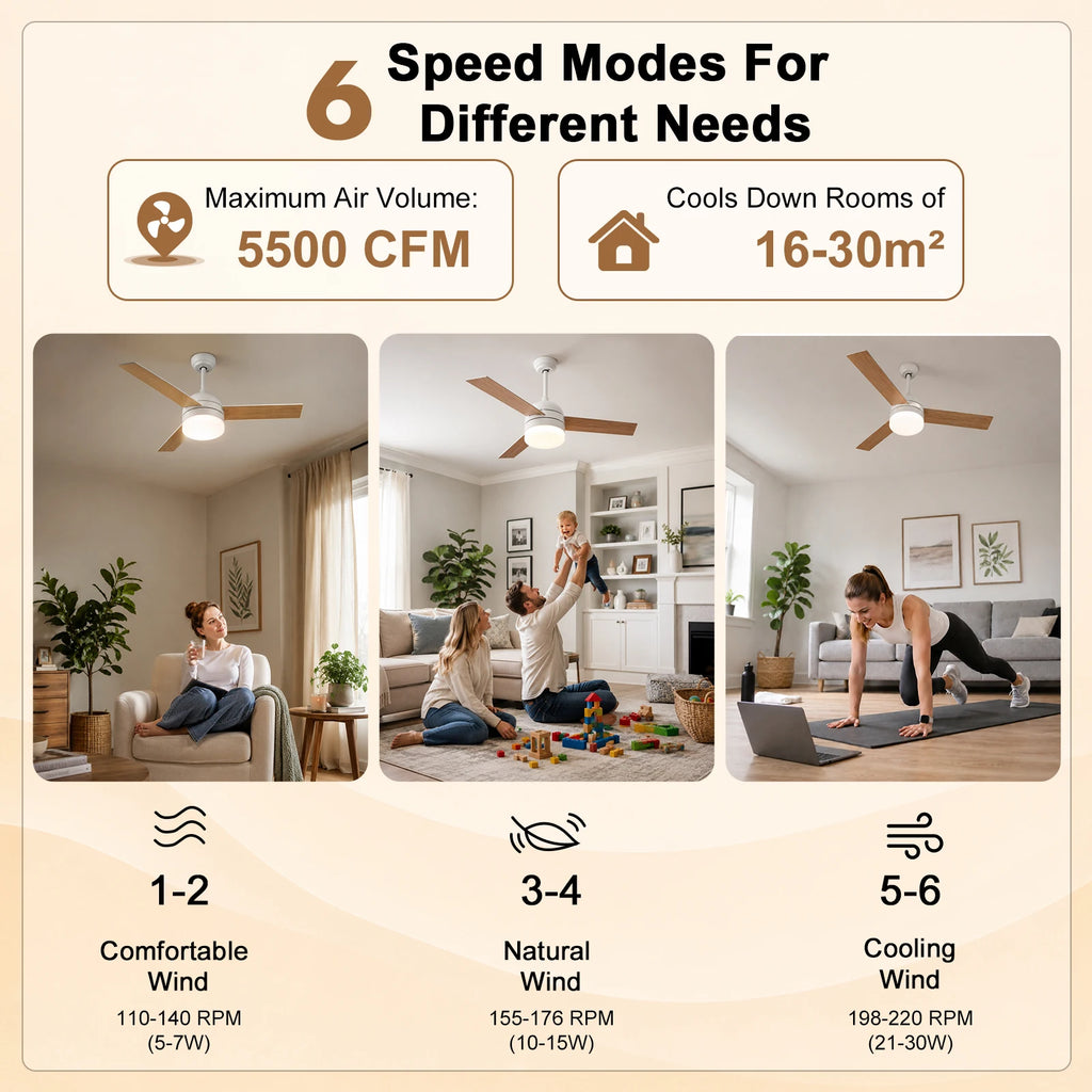 Ventilatore da Soffitto LED 2-in-1 con Luce, Telecomando, Dimmerabile, Reversibile, Silenzioso, 6 Velocità, per Camera da Letto, Soggiorno, Sala da Pranzo