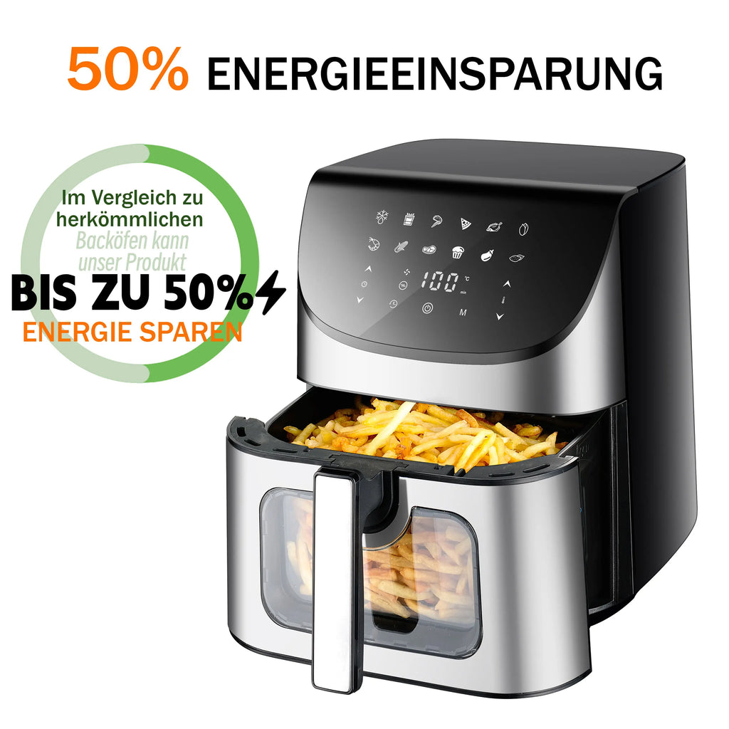 Sinaopus Elektrische Heißluftfritteuse Automatischer ölfreier 360°-Heimküchenofen 1800W 8,5 Liter Luftfritteuse mit LED-Anzeige und Sichtfenster