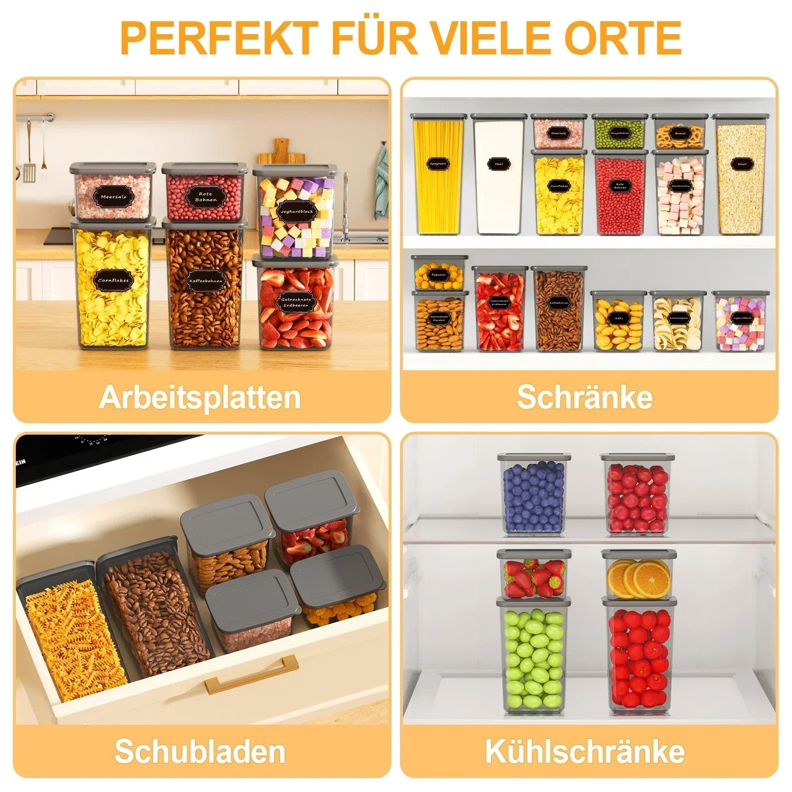 32-teiliges luftdichtes Lebensmittelbehälter-Set mit Etiketten, BPA-freie durchsichtige Kunststoff-Vorratsbehälter, stapelbare Behälter für Müsli, Mehl, Nudeln und Gewürze