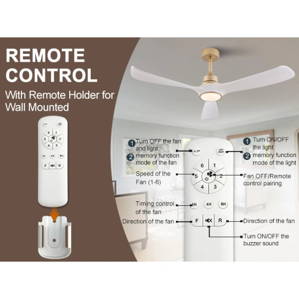 Ventilatore da soffitto bianco-oro da 52 pollici con luce e telecomando, funzione di memoria, motore DC silenzioso e reversibile, 3 pale in ABS, moderno ventilatore da soffitto per interni ed esterni con luce per camera da le