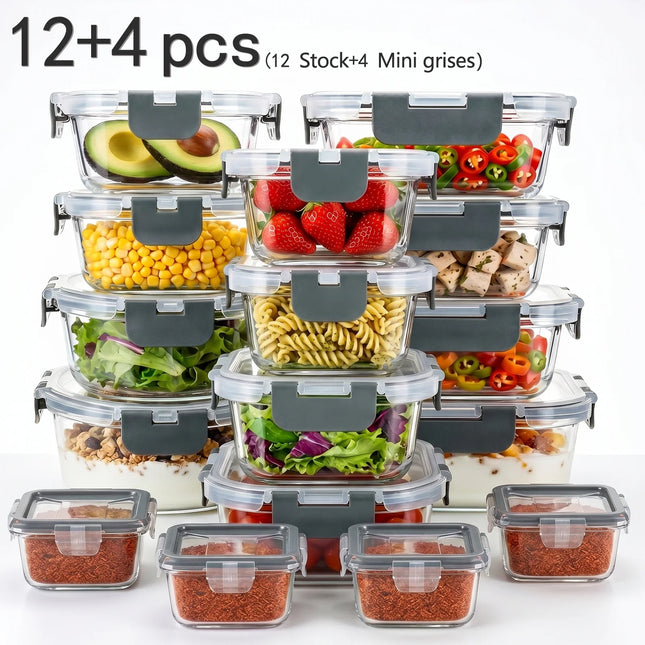 Set di 12+4 Contenitori in Vetro per Preparazione Pasti con Coperchi Ermetici, Contenitori in Vetro per Alimenti Senza BPA, Adatti per Microonde e Congelatore, Set di Contenitori in Vetro per Avanzi, Frutta e Spezie