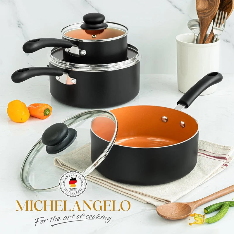 MICHELANGELO 3-teiliges Topf-Set antihaftbeschichteter Milchsaucen-Topf mit Deckel Kupfer-Stieltopf Multifunktionaler kleiner Saucen-Topf Aluminium-Suppentopf